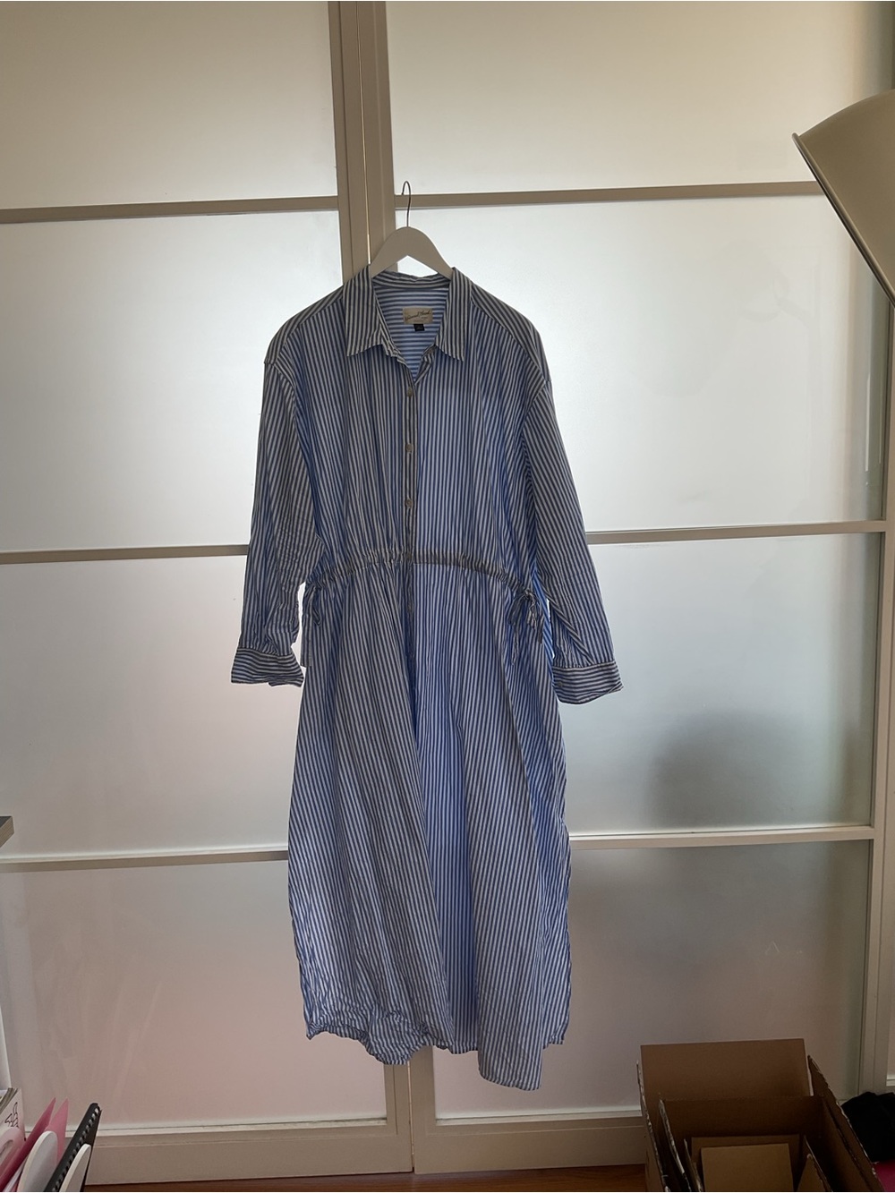 Universal thread Blue Pinstripe Shirt Dress with Drawstring Waist